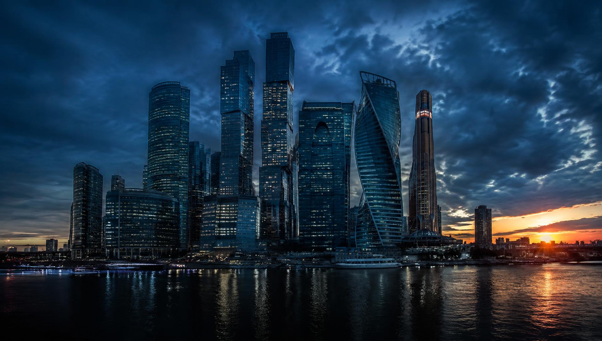 Financial district skyline at dusk